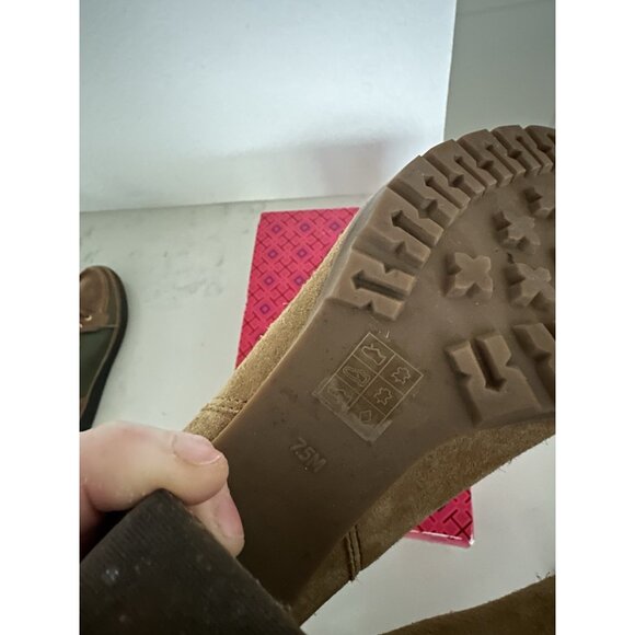 Women’s Tory Burch Stafford Tan Suede Leather Ankle Lug Sole Heeled Booties 7.5 - Picture 6 of 10